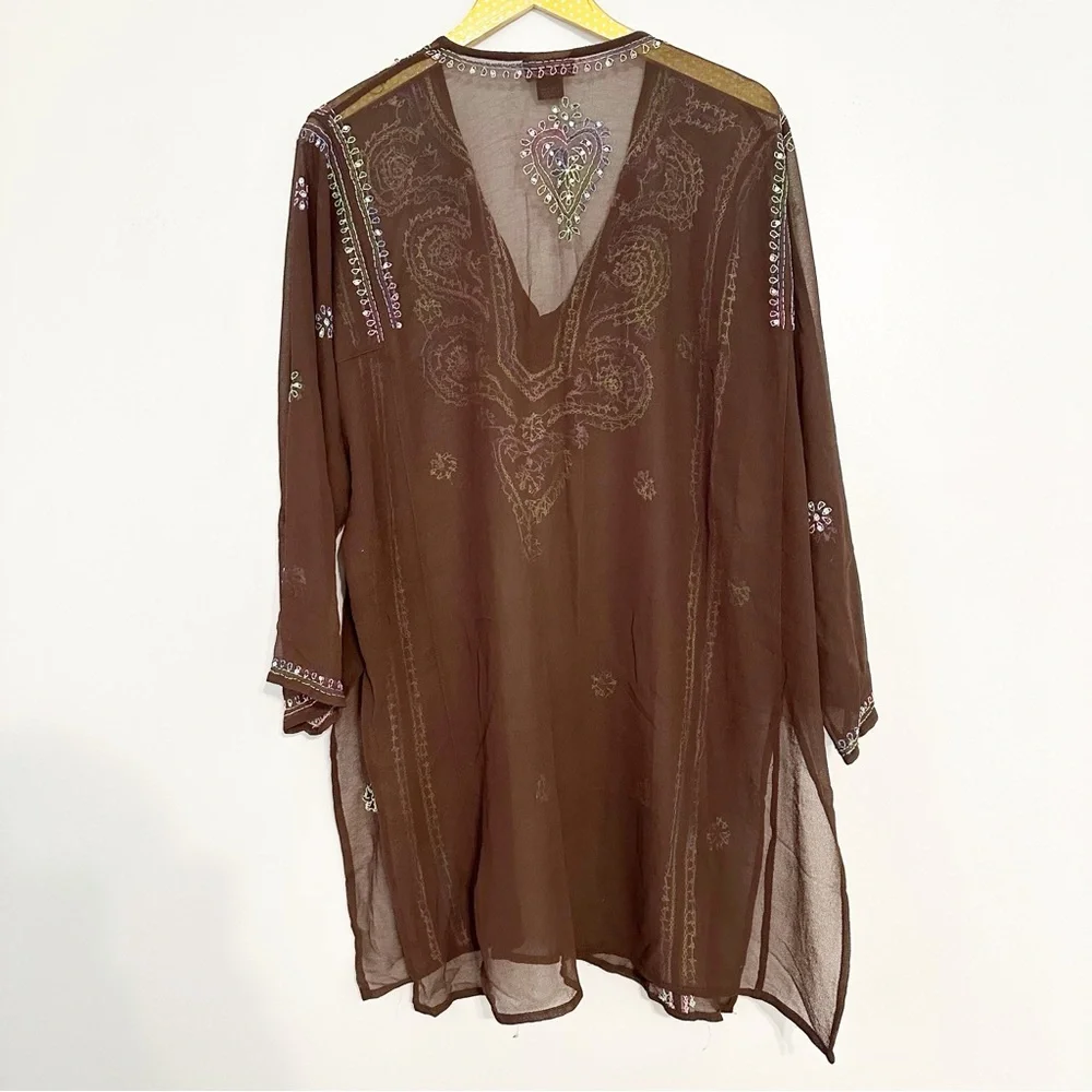 Betty B. Sheer Fairycore Brown Embroidered Boho Festival Tunic Top - Picture 6 of 6